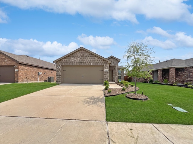 1192 Norias Dr, Forney, TX 75126 - ranch-style house with brick siding, concrete driveway, a front yard, an attached garage, and central AC unit