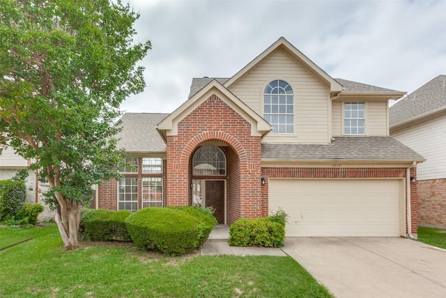 3713 Dentelle Dr, Plano, TX 75023 - traditional-style home with brick siding, driveway, a shingled roof, a garage, and a front yard