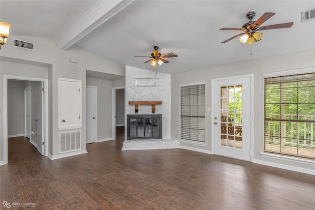 7008 Soda Point Dr, Shreveport, LA 71107 - unfurnished living room featuring a ceiling fan, baseboards, wood finished floors, and a large fireplace