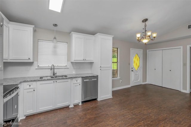 7008 Soda Point Dr, Shreveport, LA 71107 - kitchen with dishwasher, range with electric stovetop, a sink, a chandelier, and decorative backsplash