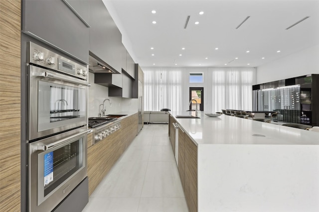 11110 Saint Michaels Dr, Dallas, TX 75230 - kitchen with modern cabinets, stainless steel appliances, a sink, recessed lighting, and light tile patterned flooring
