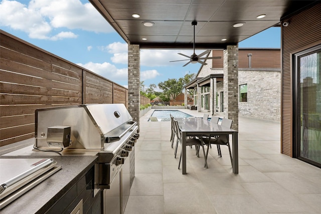 11110 Saint Michaels Dr, Dallas, TX 75230 - fenced backyard featuring a ceiling fan, a patio area, and outdoor dining space