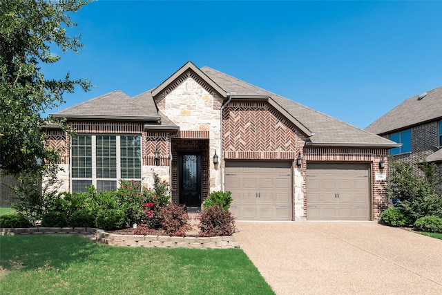 3504 Saint Croix Ave, Mckinney, TX 75071 - french country inspired facade featuring a garage, driveway, brick siding, stone siding, and a front yard