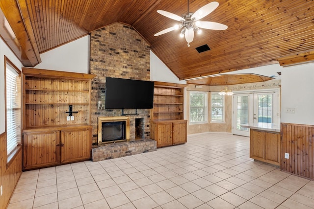 410 Etheridge Rd, Canton, TX 75103 - unfurnished living room with wood ceiling, high vaulted ceiling, a fireplace, ceiling fan, and light tile patterned floors