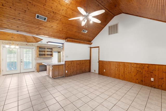 410 Etheridge Rd, Canton, TX 75103 - unfurnished living room with wainscoting, wooden walls, vaulted ceiling, wooden ceiling, and a ceiling fan