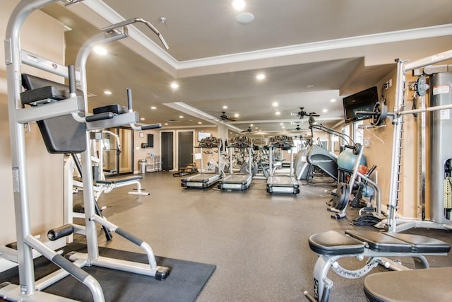 330 Las Colinas Blvd E Unit 140, Irving, TX 75039 - exercise room featuring crown molding, a tray ceiling, recessed lighting, and a ceiling fan