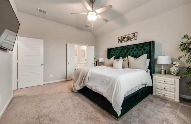 1568 Glacier Rdg, Royse City, TX 75189 - bedroom featuring light carpet, vaulted ceiling, baseboards, ensuite bathroom, and a ceiling fan