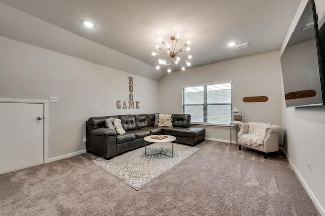 1568 Glacier Rdg, Royse City, TX 75189 - living room with carpet floors, baseboards, a chandelier, recessed lighting, and lofted ceiling