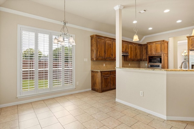 7017 Westover Dr, Granbury, TX 76049 - kitchen with black microwave, ornamental molding, backsplash, light stone counters, and stainless steel oven