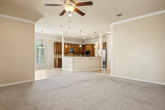 7017 Westover Dr, Granbury, TX 76049 - unfurnished living room featuring light carpet, ornamental molding, ceiling fan, baseboards, and a chandelier