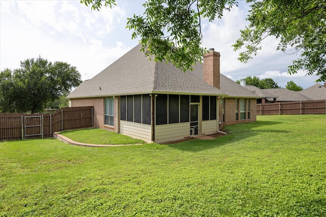 7017 Westover Dr, Granbury, TX 76049 - back of property with brick siding, a chimney, a sunroom, and a shingled roof