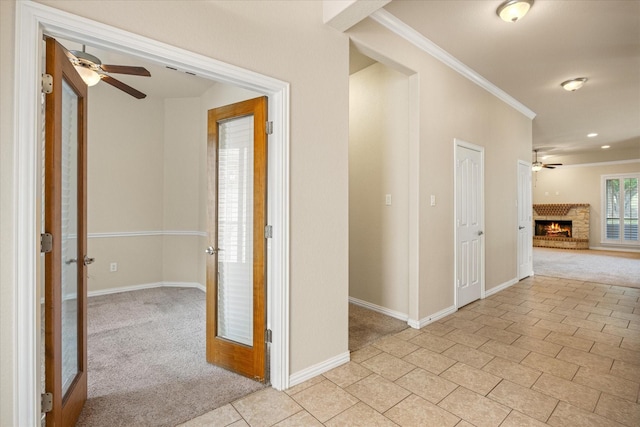 7017 Westover Dr, Granbury, TX 76049 - corridor with light carpet, ornamental molding, baseboards, and recessed lighting