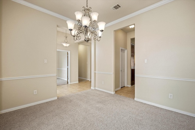 7017 Westover Dr, Granbury, TX 76049 - carpeted empty room with a chandelier, ornamental molding, baseboards, and tile patterned flooring