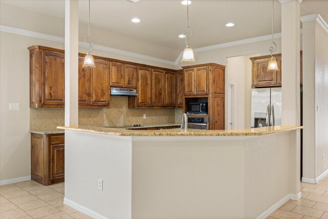 7017 Westover Dr, Granbury, TX 76049 - kitchen with black appliances, under cabinet range hood, light tile patterned floors, decorative backsplash, and crown molding