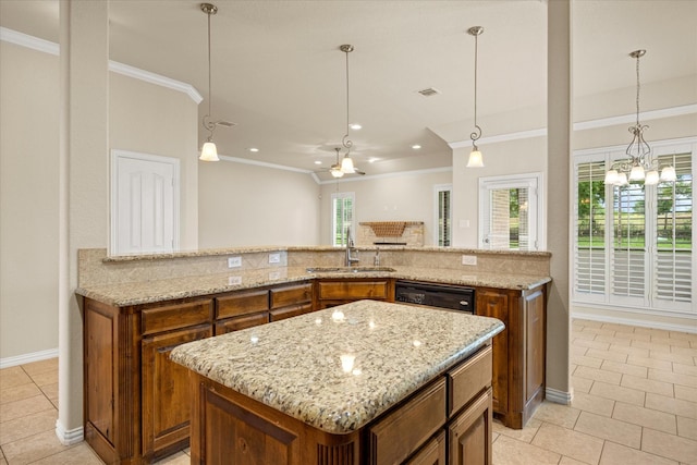 7017 Westover Dr, Granbury, TX 76049 - kitchen with a sink, ornamental molding, light tile patterned flooring, brown cabinetry, and dishwashing machine