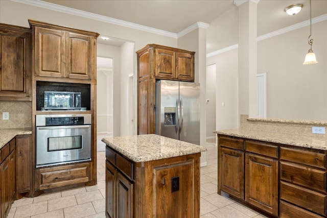 7017 Westover Dr, Granbury, TX 76049 - kitchen with stainless steel appliances, light tile patterned flooring, decorative backsplash, light stone countertops, and crown molding