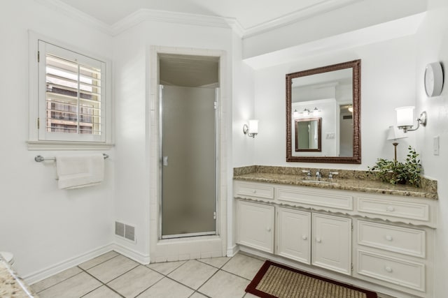 7422 Whispering Pines Dr, Dallas, TX 75248 - bathroom featuring vanity, a shower stall, crown molding, tile patterned floors, and baseboards