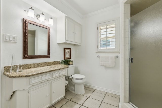 7422 Whispering Pines Dr, Dallas, TX 75248 - bathroom with a shower stall, vanity, toilet, ornamental molding, and tile patterned flooring