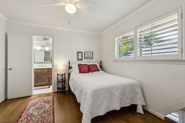 7422 Whispering Pines Dr, Dallas, TX 75248 - bedroom featuring ornamental molding, wood finished floors, connected bathroom, a sink, and ceiling fan