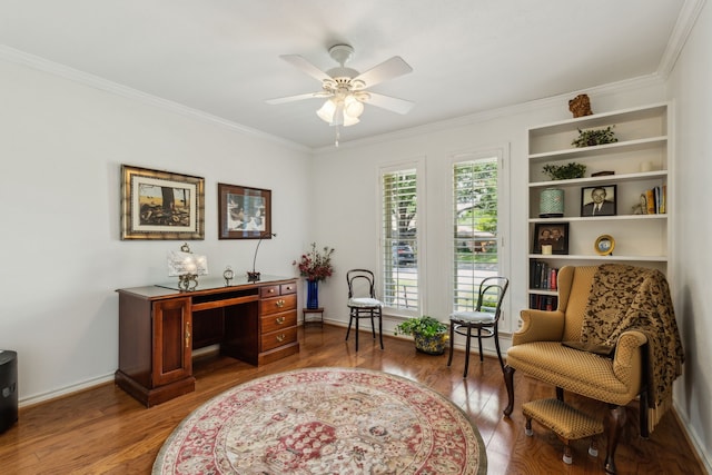 7422 Whispering Pines Dr, Dallas, TX 75248 - office space with crown molding, wood finished floors, a ceiling fan, and baseboards
