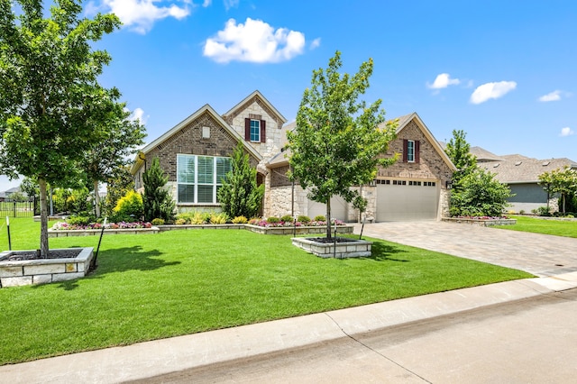 12305 Glenbrook St, Denton, TX 76207 - view of front facade featuring stone siding, decorative driveway, a front yard, and an attached garage