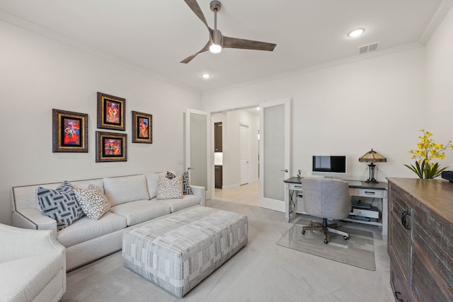 12305 Glenbrook St, Denton, TX 76207 - office featuring crown molding, ceiling fan, recessed lighting, light colored carpet, and baseboards