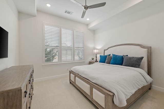 12305 Glenbrook St, Denton, TX 76207 - bedroom featuring baseboards, light colored carpet, recessed lighting, and ceiling fan