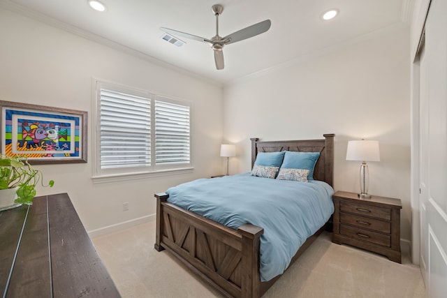 12305 Glenbrook St, Denton, TX 76207 - bedroom with light colored carpet, ornamental molding, baseboards, recessed lighting, and a ceiling fan