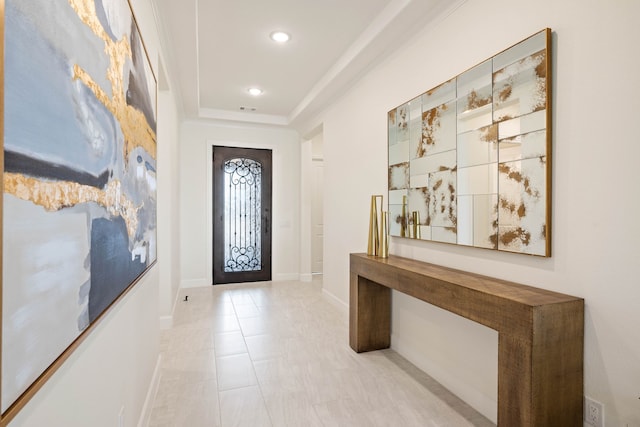 12305 Glenbrook St, Denton, TX 76207 - entryway with recessed lighting, baseboards, and a raised ceiling