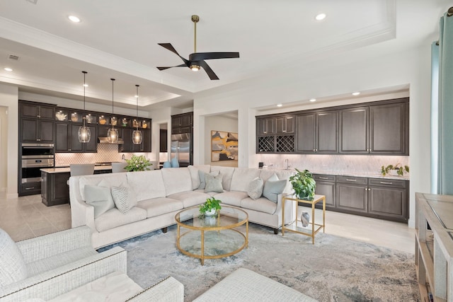 12305 Glenbrook St, Denton, TX 76207 - living area with a raised ceiling, ornamental molding, recessed lighting, and ceiling fan
