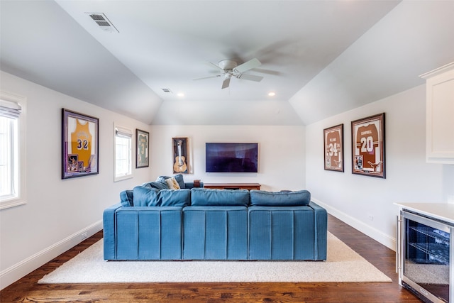 3929 Lively Ln, Dallas, TX 75220 - living room featuring wine cooler, a ceiling fan, dark wood finished floors, baseboards, and vaulted ceiling