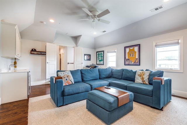 3929 Lively Ln, Dallas, TX 75220 - living area featuring vaulted ceiling, ceiling fan, wood finished floors, baseboards, and recessed lighting