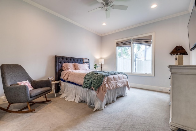 3929 Lively Ln, Dallas, TX 75220 - bedroom featuring light colored carpet, recessed lighting, ornamental molding, baseboards, and a ceiling fan