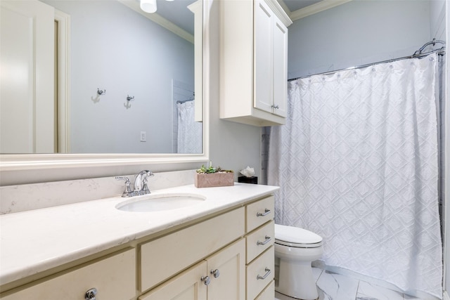 3929 Lively Ln, Dallas, TX 75220 - full bath featuring crown molding, vanity, toilet, marble finish flooring, and a shower with curtain