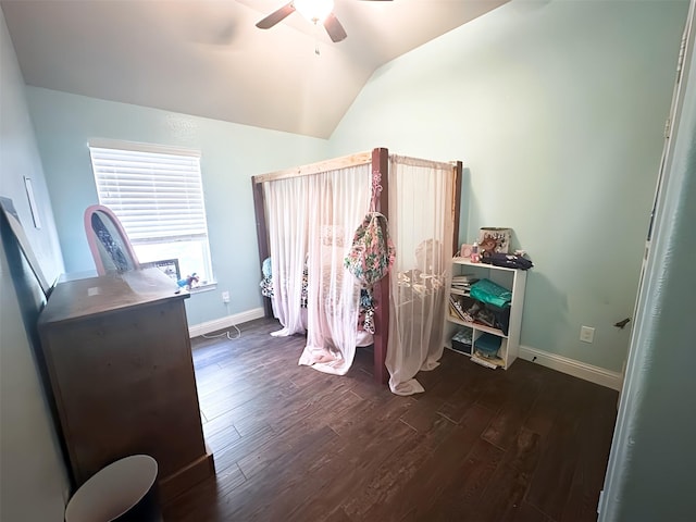 6020 Harwich Ln, Fort Worth, TX 76179 - bedroom featuring dark wood-style flooring, vaulted ceiling, baseboards, and ceiling fan