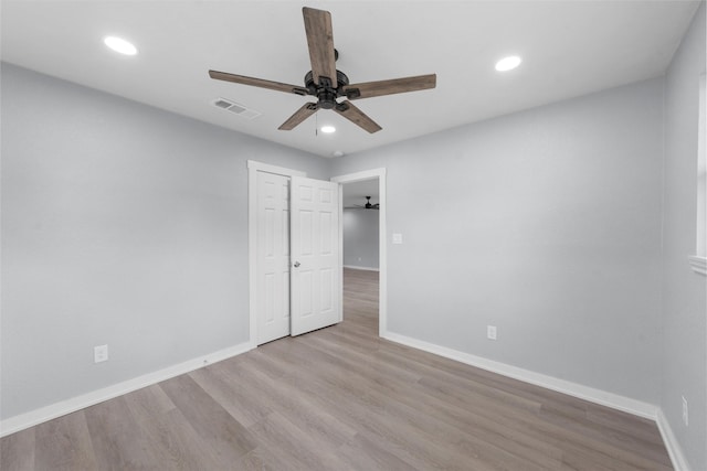 1816 Evans Dr, Waco, TX 76705 - unfurnished bedroom featuring baseboards, recessed lighting, wood finished floors, and a ceiling fan