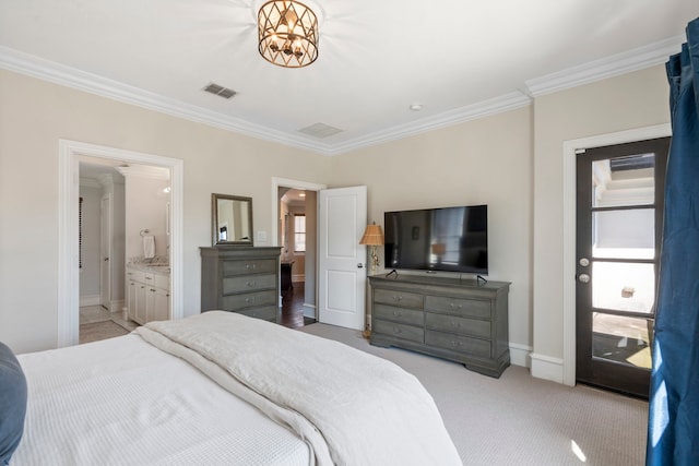 857 N Glasgow Dr Unit C, Dallas, TX 75214 - bedroom featuring crown molding, baseboards, light carpet, and connected bathroom