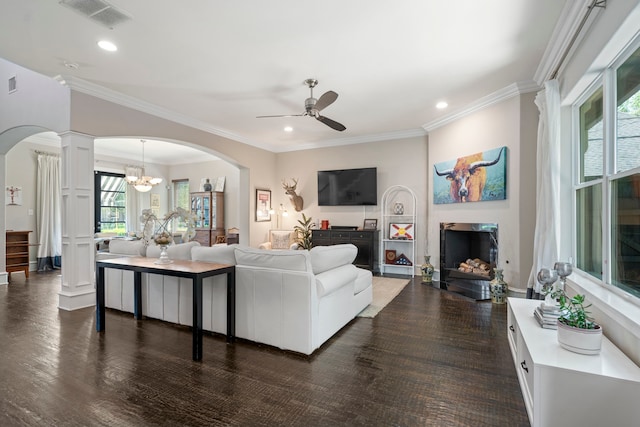 857 N Glasgow Dr Unit C, Dallas, TX 75214 - living area with ornate columns, arched walkways, a ceiling fan, crown molding, and recessed lighting