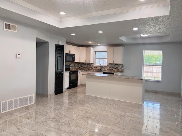 102 Janis St, Alvarado, TX 76009 - kitchen featuring black appliances, a raised ceiling, crown molding, backsplash, and plenty of natural light