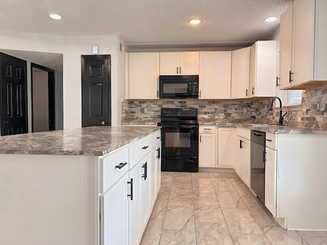 102 Janis St, Alvarado, TX 76009 - kitchen featuring black appliances, a sink, light marble finish flooring, a textured ceiling, and decorative backsplash