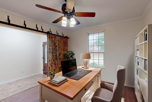 1278 Wysteria Ln, Burleson, TX 76028 - home office featuring ceiling fan, crown molding, wood finished floors, and baseboards