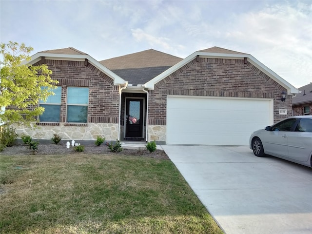 6029 Pathfinder Trl, Fort Worth, TX 76179 - ranch-style home featuring an attached garage, concrete driveway, a shingled roof, a front lawn, and stone siding