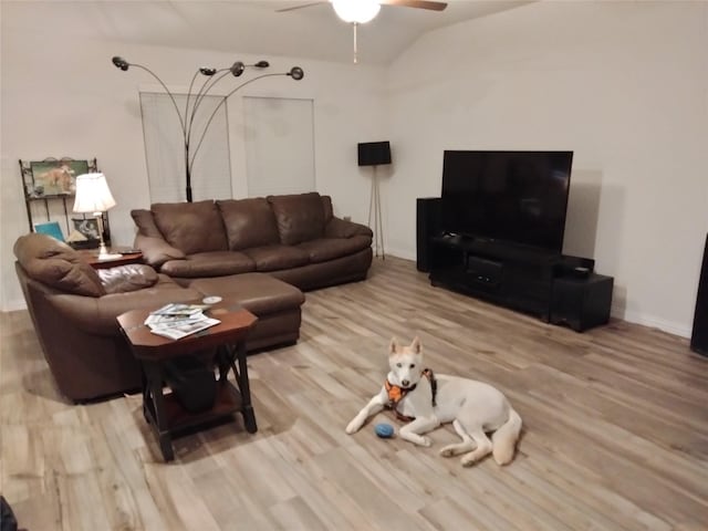 6029 Pathfinder Trl, Fort Worth, TX 76179 - living room with a ceiling fan, wood finished floors, lofted ceiling, and baseboards