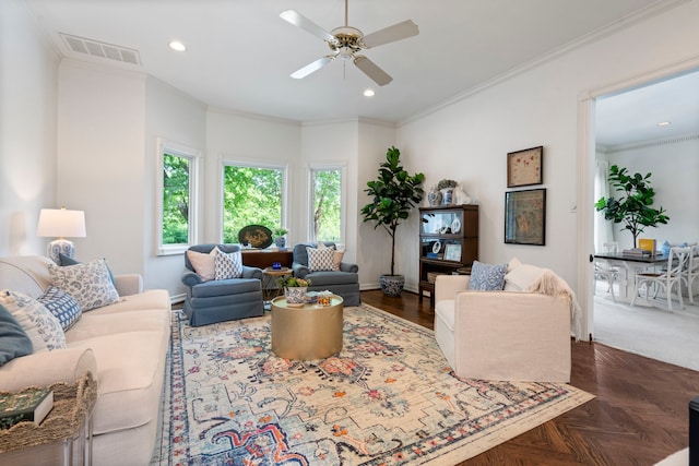 7215 Abrams Place Ct, Dallas, TX 75231 - living area featuring a ceiling fan, ornamental molding, recessed lighting, and baseboards