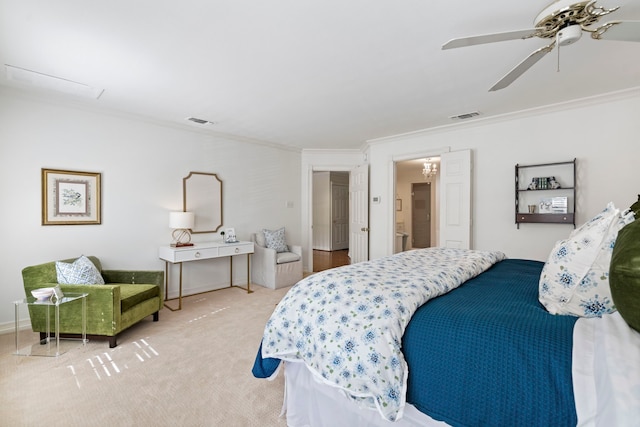7215 Abrams Place Ct, Dallas, TX 75231 - bedroom with ornamental molding, light carpet, and ceiling fan