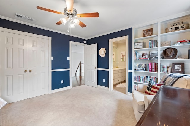 7215 Abrams Place Ct, Dallas, TX 75231 - sitting room with carpet flooring, ceiling fan, crown molding, and baseboards