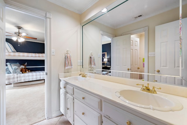 7215 Abrams Place Ct, Dallas, TX 75231 - full bathroom featuring connected bathroom, double vanity, a ceiling fan, crown molding, and tile patterned flooring