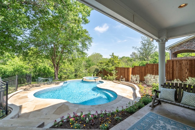 7215 Abrams Place Ct, Dallas, TX 75231 - view of swimming pool with a patio area, a fenced backyard, and a pool with connected hot tub