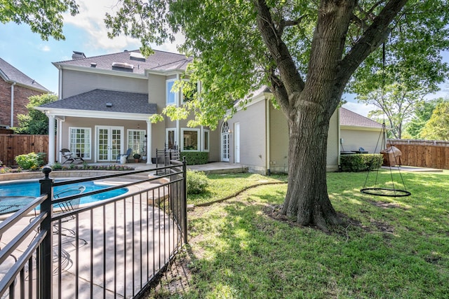 7215 Abrams Place Ct, Dallas, TX 75231 - rear view of house with french doors, a patio area, and a shingled roof