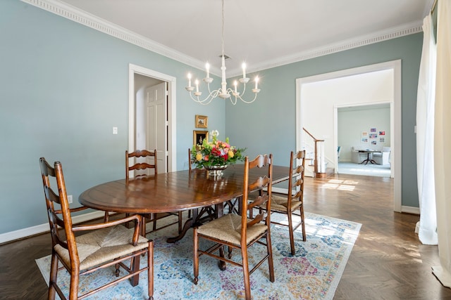 7215 Abrams Place Ct, Dallas, TX 75231 - dining area with a chandelier, baseboards, ornamental molding, and stairs